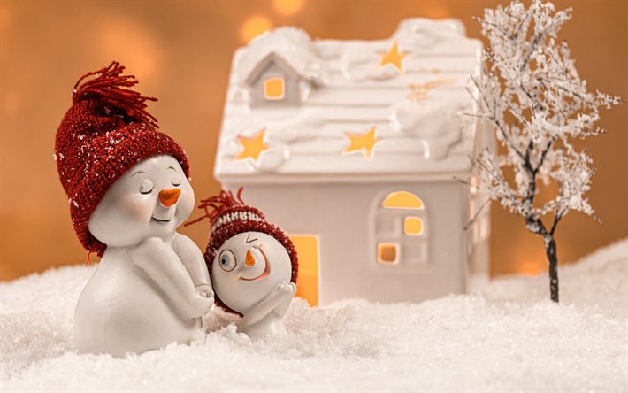 snowmen, winter, toys snowmen, house, cute toys, winter concepts