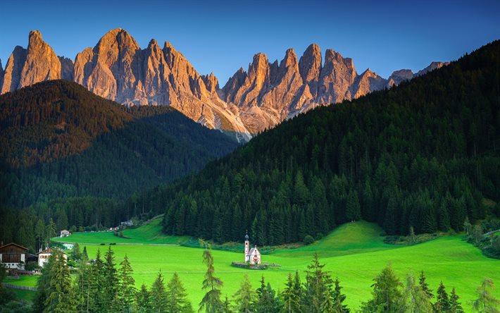 4k, Italy, Alps, summer, mountains, church, valley, South Tyrol, Europe, beautiful nature