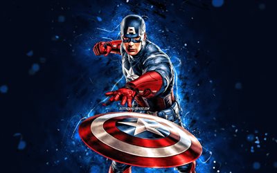 4k, Captain America avec bouclier, n&#233;ons bleus, super-h&#233;ros, Marvel Comics, Captain America, Steven Rogers, Captain America 4K, Cartoon Captain America