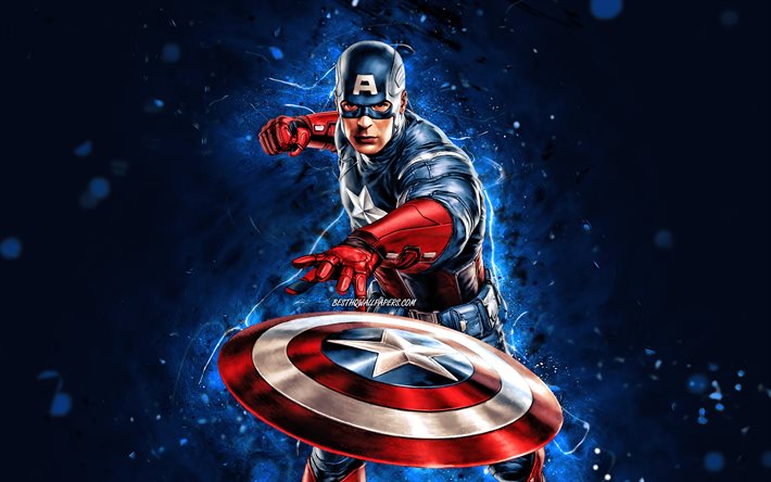 Download wallpapers 4k, Captain America with shield, blue neon lights,  superheroes, Marvel Comics, Captain America, Steven Rogers, Captain America  4K, Cartoon Captain America for desktop free. Pictures for desktop free