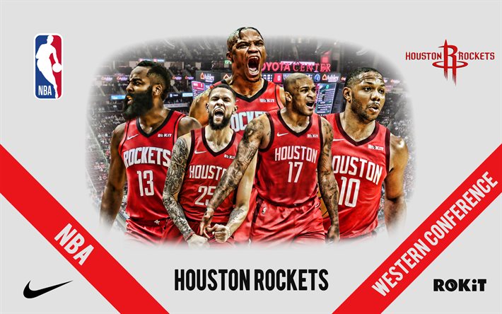 Houston Rockets, NBA, American Basketball Club, logo Houston Rockets, basket, Russell Westbrook, James Harden, Austin Rivers