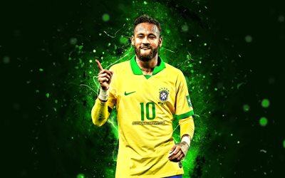 Neymar, 4k, Brazil National Team, soccer, footballers, green neon lights, Neymar da Silva Santos Junior, Brazilian football team, Neymar 4K