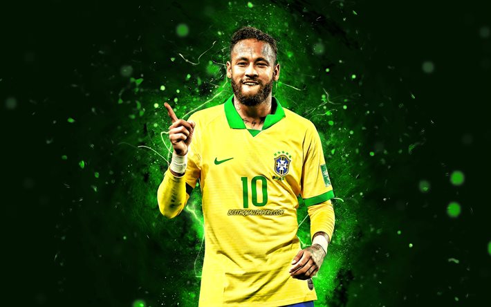 Neymar, 4k, Brasilian maajoukkue, jalkapallo, jalkapalloilijat, vihre&#228;t neonvalot, Neymar da Silva Santos Junior, Brasilian jalkapallojoukkue, Neymar 4K