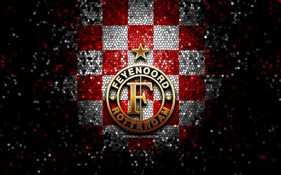 Feyenoord FC, logotipo com glitter, Eredivisie, fundo xadrez branco vermelho, futebol, clube de futebol holand&#234;s, logotipo do Feyenoord, arte em mosaico, Feyenoord Rotterdam