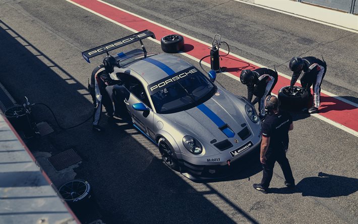 2021, Porsche 911 GT3 Cup, 4k, yarış arabası, dış, yeni gri 911 GT3, 911 GT3 ayarlama, alman spor arabaları, Porsche