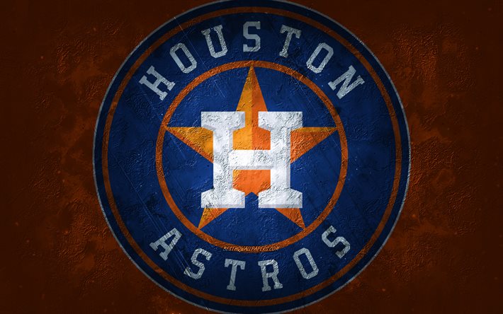 Houston Astros, American baseball team, orange stone background, Houston Astros logo, grunge art, MLB, baseball, USA, Houston Astros emblem