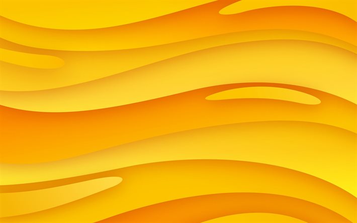 黄色の抽象的な波, 4k, 波のテクスチャ, 波のある背景, 黄色の波状の背景, creative クリエイティブ, ウェーブス