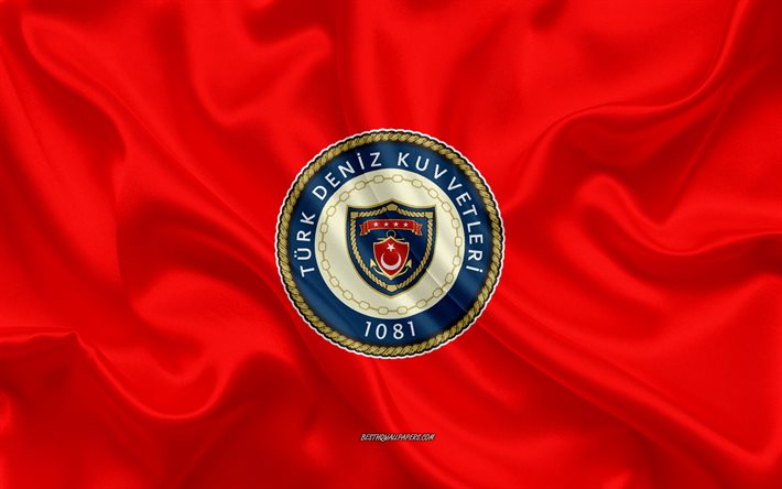 トルコ海軍の封印, 4k, 赤い絹の質感, トルコ海軍のエンブレム, トルコ, トルコ海軍のロゴ, トルコ軍