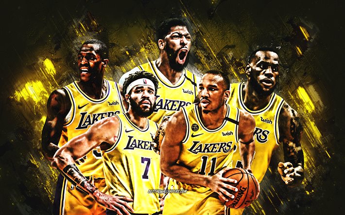 Download Wallpapers Los Angeles Lakers Nba American Basketball Club Los Angeles Lakers Players Basketball Usa Lebron James Anthony Davis Avery Bradley Javale Mcgee Yellow Stone Background For Desktop Free Pictures For Desktop
