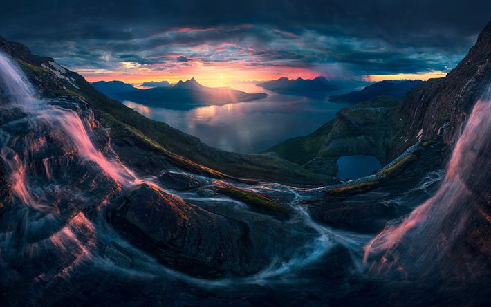 ノルウェー, sunset, 山地, 小滝, フィヨルド, 夕方の風景, ヨーロッパ, 美しい自然
