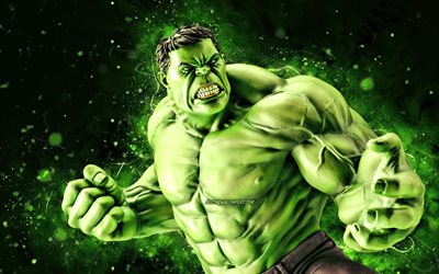 Hulk, 4k, green neon lights, superheroes, Marvel Comics, Robert Bruce Banner, Hulk 4K, Cartoon Hulk