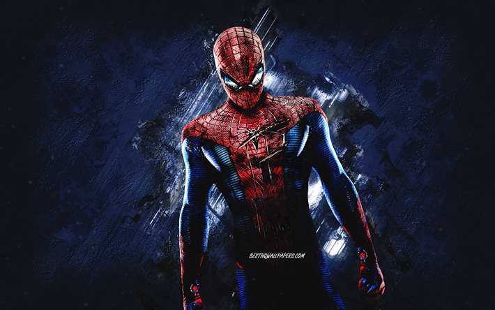 Spider-Man, superhj&#228;lte, bl&#229; sten bakgrund, Spider-Man karakt&#228;r, kreativ konst