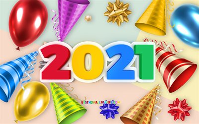 2021 New Year, 3d multicolored letters, 2021 concepts, holiday background with balloons, 2021 holiday background
