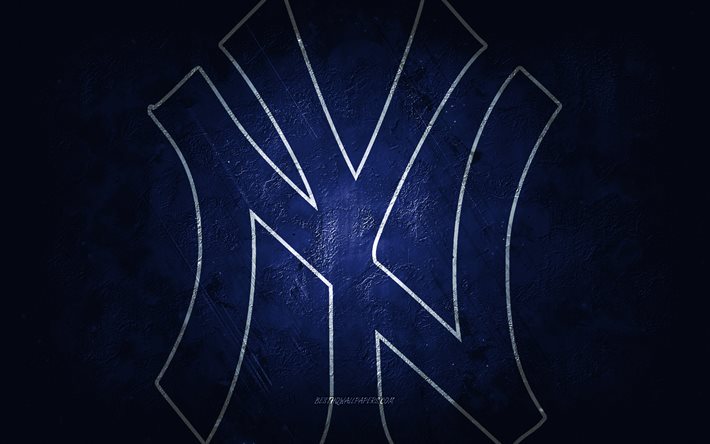 New York Yankees, squadra di baseball americana, sfondo di pietra blu, logo dei New York Yankees, arte grunge, MLB, baseball, USA, emblema dei New York Yankees