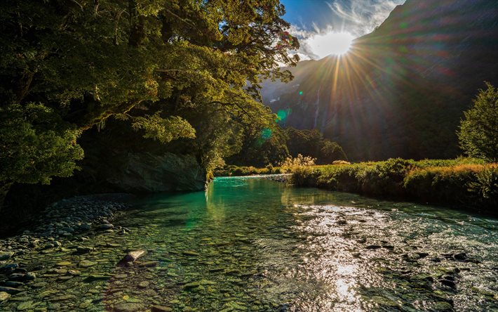 Mount Aspiring National Park, 4k, river, mountains, sun rays, Wanaka, South Island, New Zealand, beautiul nature, evening landscapes