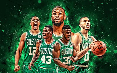 Jayson Tatum, Javonte Green, Grant Williams, Semi Ojeleye, Kemba Walker, 4k, Boston Celtics, basketbol, NBA, Boston Celtics takımı, yeşil neon ışıkları, basketbol yıldızları