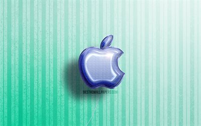 4 ك, شعار Apple 3D, بالونات زرقاء واقعية, العلامة التجارية, شعار شركة آبل, خلفيات خشبية زرقاء, Apple
