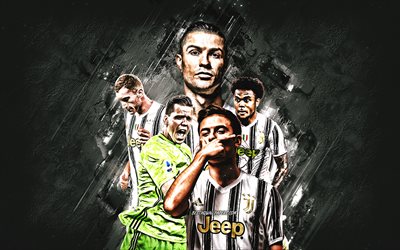 Juventus FC, Italian football club, Turin, Italy, gray stone background, football, Cristiano Ronaldo, Paulo Dybala, Weston McKennie