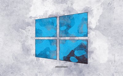 Windows10の青いロゴ, グランジアート, Windowsの青いグランジロゴ, Windowsの青いエンブレム, 灰色のグランジの背景, Windows