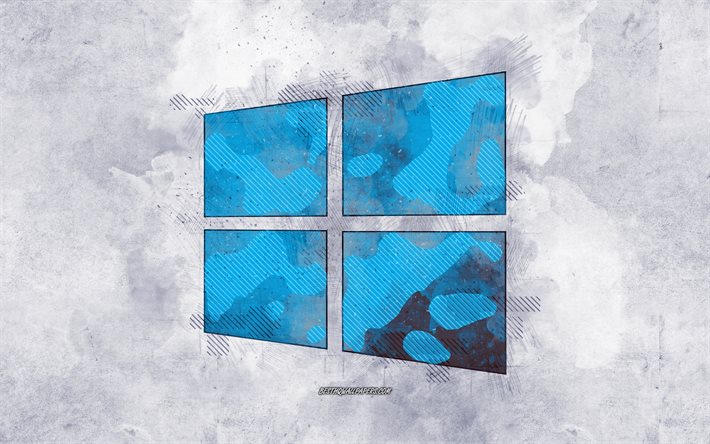 Logotipo azul do Windows 10, arte grunge, logotipo azul do Windows grunge, emblema azul do Windows, fundo cinza grunge, Windows