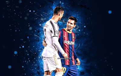 Cristiano Ronaldo e Lionel Messi, 4k, luzes de neon azuis, estrelas do futebol, futebol, CR7, Lionel Messi, Cristiano Ronaldo