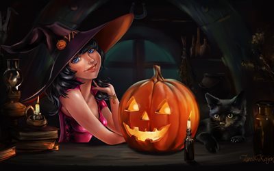 ハロウィン, かぼちゃ, 魔女, 暗闇