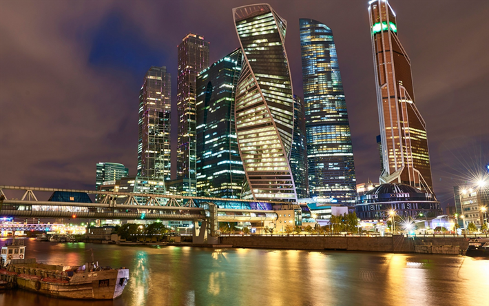 モスクワ, 高層ビル群, 街の灯, モスクワ市, ロシア, 夜市, モスクワ川