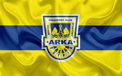 Arka Gdynia FC, 4k, Polish football club, logo, emblem, Ekstraklasa, Polish football championship, silk flag, Gdynia, Poland