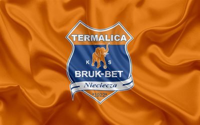 Bruk-Bet Termalica Nieciecza, FC, 4k, Polish football club, logo, emblem, Ekstraklasa, Polish football championship, silk flag, Neccea, Poland