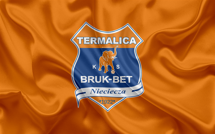 Bruk-Bet Termalica Nieciecza, FC, 4k, Puolan football club, logo, tunnus, Ekstraklasa, Puolan jalkapallon mestaruuden, silkki lippu, Neccea, Puola