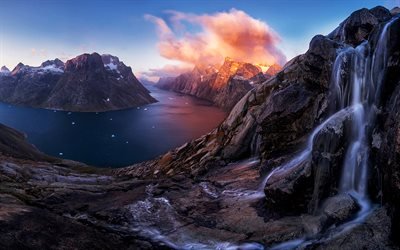 Greenland, fjord, sunset, waterfall, mountains, rocks