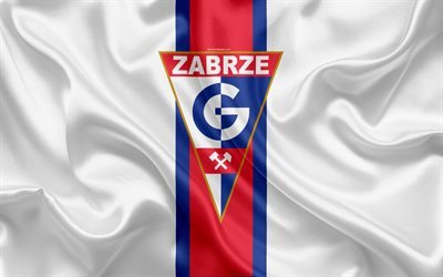 Gornik Zabrze FC, 4k, Polish football club, Gornik logo, emblem, Ekstraklasa, Polish football championship, silk flag, Zabrze, Poland