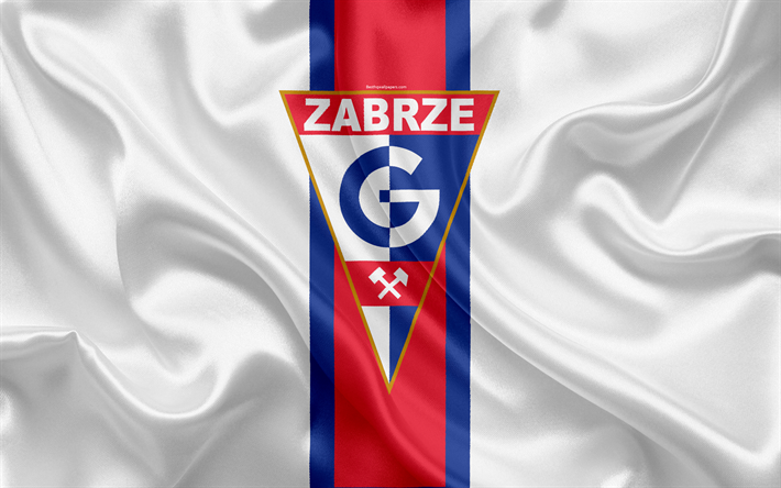 Gornik Zabrze FC, 4k, Russian football club, Gornik embl&#232;me-emblem, premier league, Russian football championship, de soie, d&#39;un drapeau, Zabrze, Pologne