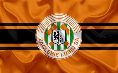 Zaglebie Lubin FC, 4k, Polish football club, logo, emblem, Ekstraklasa, Polish football championship, silk flag, Lubin, Poland