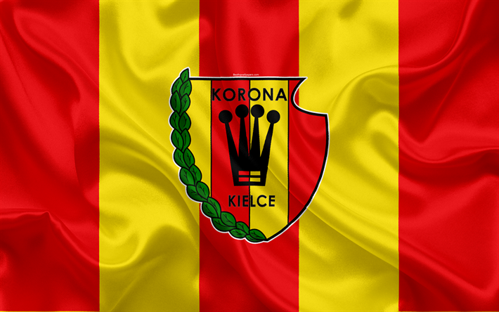 FC coroa Kielce, 4k, Clube de futebol polon&#234;s, logo, emblema, Ekstraklasa, Polaco campeonato de futebol, seda bandeira, Kielce, Pol&#243;nia