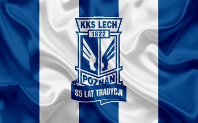 Lech Poznan FC, 4k, Polish football club, Lech logo, emblem, Ekstraklasa, Polish football championship, silk flag, Poznan, Poland