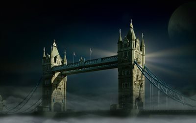 London, night, Tower Bridge, moon, english landmarks, UK, England