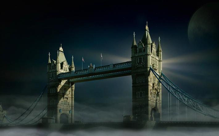 London, night, Tower Bridge, moon, english landmarks, UK, England