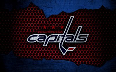 Washington Capitals, 4k, logotyp, NHL, hockey, Eastern Conference, USA, grunge, metall textur, Metropolitan Division