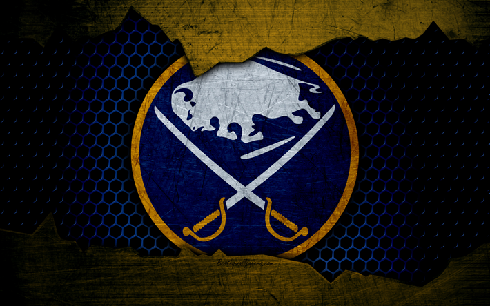 Buffalo Sabres, 4k, logo, NHL, hockey, Eastern Conference, USA, grunge, metal texture, Atlantic Division