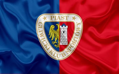 Piast Gliwice FC, 4k, Polish football club, Piast logo, emblem, Ekstraklasa, Polish football championship, silk flag, Gliwice, Poland