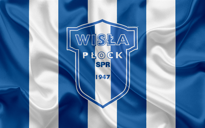Wisla Plock FC, 4k, Polish football club, logo, emblem, Ekstraklasa, Polish football championship, silk flag, Plock, Poland