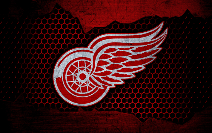 Detroit Red Wings, 4k, logo, NHL, hockey, Eastern Conference, USA, grunge, metal texture, Atlantic Division