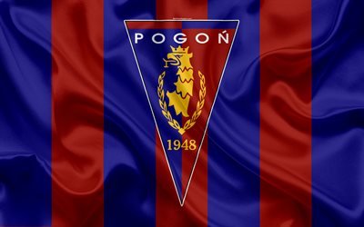 Pogon Szczecin FC, 4k, Polish football club, logo, emblem, Ekstraklasa, Polish football championship, silk flag, Szczecin, Poland