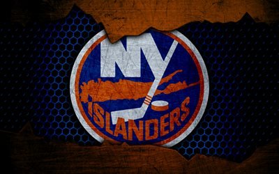 New York Islanders, 4k, logo, NHL, hockey, Eastern Conference, USA, grunge, metal texture, Metropolitan Division