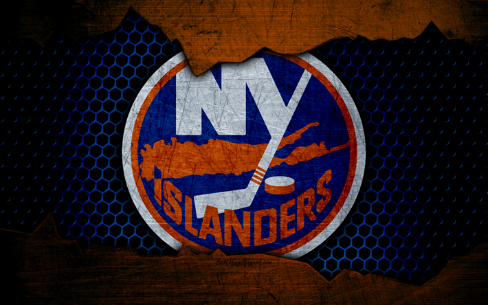 New York Islanders, 4k, logo, NHL, hokey, Doğu Konferansı, ABD, grunge, metal doku, B&#252;y&#252;kşehir B&#246;l&#252;m&#252;