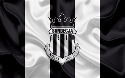 Sandecja Nowy Sacz FC, 4k, Polish football club, logo, emblem, Ekstraklasa, Polish football championship, silk flag, Nowy Sacz, Poland