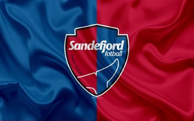 Sandefjord FC, 4k, Norwegian football club, emblem, logo, Eliteserien, Norwegian Football Championships, football, Sandefjord, Norway, silk flag