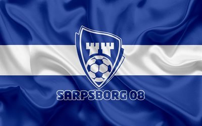 Sarpsborg 08 FC, 4k, Norwegian football club, emblem, logo, Eliteserien, Norwegian Football Championships, football, Sarpsborg, Norway, silk flag