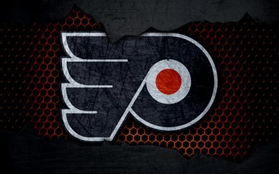 Philadelphia Flyers, 4k, logo, NHL, hockey, Eastern Conference, USA, grunge, metal texture, Metropolitan Division
